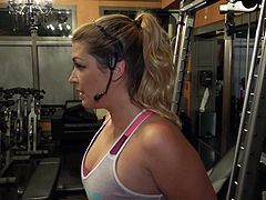 Sporty brunette Jenna Ashley bares her small perky tits before she pulls down her skin tight pink pantyhose to show her nice ass and lovely pussy. Then she takes fat dick in her mouth right at the gym!