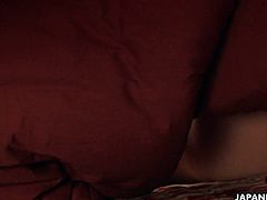 Nerdy Asian teen rubs her cunt under the blanket