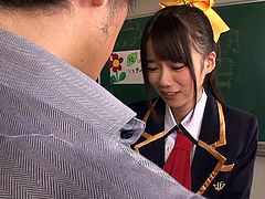 Naughty Asuka is wearing a kinky school suit, which makes her looks really hot. Click to watch the brunette slutty Japanese on knees, sucking her lover's cock with enthusiasm. This sexy babe is about to get pounded hard from behind right in the classroom. Have fun!