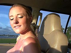 Amateur teen girl Sam Summers bares her sexy boobs in a car in a playful manner. She is proud of her big tits. Then easy girl takes fat dick in her mouth. She gives great car blowjob!