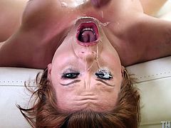 Slutty Katja looks so hot, when her mouth is throated with a big yummy cock! See this redhead milf with gorgeous boobs, enjoying a wild face fuck. Enjoy the hardcore scenes that follow... Extremely hot!