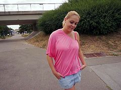 Cute amateur blonde Paris Sweet in blue mini-skirt hides her juicy big titties under her pink blouse. But as many other girls she is ready to show her assets for some cash. Wanna see her boobs