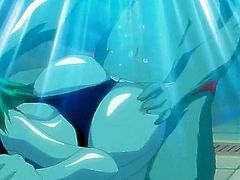 Collared slave girl gets in the pool for anime sex