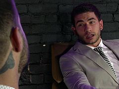 After a hard day of working, these horny suits are just waiting to rip their elegant suits and get loose. Click to watch sexy Diego Sans, showing his cock to lusty Vadim, a tattooed horny guy, who's just waiting to taste it. See them kissing and playing dirty!
