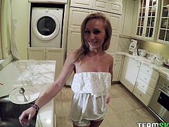 If you're looking for sexy Hollie, you can find her in the kitchen. The diligent blonde-haired babe seems excited, when her horny partner comes home to admire her appetizing buttocks. Watch this bitch showing her small natural tits to the camera. Sucking cock is on her to-do list!