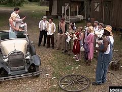 outdoor group sex gang bang scene. They love sex so much they do it outside where anyone could see and they are all dressed in serious 1920s costumes for Bonny and Clide by Bluebird Films.