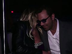 Stormy Daniels shows her slutty side to horny guy by taking his stiff sausage in her mouth