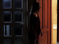 This almost looks like a scene straight out of a horror movie. The young, sexy girl is home alone and the killer is in the house, but she doesn't know it. He watches her, as she changes into her sexy nightgown, before she goes to bed. But when she sees him, she greets him warmly with a blowjob.