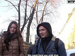 While walking on the street, slutty Gabriella is noticed by two horny guys, who cannot help themselves to ask her, to join them... Then take her in a more remote place, to have some privacy. Watch this brunette bitch, lifting up her blouse, to show her nice small boobs!