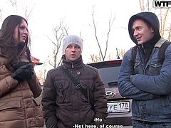 While walking on the street, slutty Gabriella is noticed by two horny guys, who cannot help themselves to ask her, to join them... Then take her in a more remote place, to have some privacy. Watch this brunette bitch, lifting up her blouse, to show her nice small boobs!