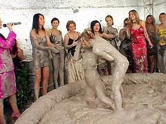 Catfight party where two hotties get messy in the mud pit