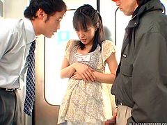 Nana was riding home on the train, when she was approached by two horny guys, who wanted to fuck. She dropped to her knees and sucked on their stiff cocks. What a dirty Japanese slut she is. She will take cock anywhere she can get it.