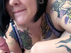 Tatted Chubby Twat Sucks and Swallows