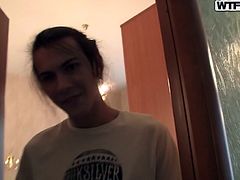 Julie is young and fresh-faced. The tender beauty just looks so innocent, but when she's alone with her boyfriend, she shows off by getting naked. It seems the camera is even more of a turn-on for her. She gets down to her bra and panties, then looks up at him, as she grasps his woody. What a slut!