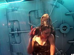 I invited these hot babes over to my new sex room. It's a vault where girls can get naughty and sprayed down. The hot lesbians dance, as the water pours over them. It's like a wet t-shirt contest in overdrive!