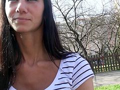 Pretty brunette Liliane with long black hair is super sexy in her tight fit t-shirt. She gets picked up by her car by a sex hungry guy with camera. He cant wait to stick his cock in sexy Liliane.