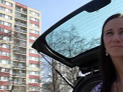 Pretty brunette Liliane with long black hair is super sexy in her tight fit t-shirt. She gets picked up by her car by a sex hungry guy with camera. He cant wait to stick his cock in sexy Liliane.