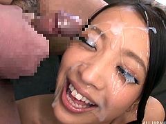 Smiling and jovial, Miyu lovingly and patiently uses her hands and mouth on the numerous guys in the room with her. She reaches her bukkake goal, receiving all of their loads of thick, milky cum all over her pretty face, with only slight pauses to get some of that gooey gunk out of her eyes.