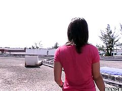 Brunette Roxy Love with bubbly butt has some dirty fantasies to be fulfilled with guys throbbing snake in her mouth