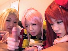 Many Japanese have a love for cosplay. You know fanboys would like to have the characters in a room and do sexual things with them, and sometimes their wishes come true. These giggling girls are dressed up like his favorite characters and watching him pleasure himself. He even gets some head from one.
