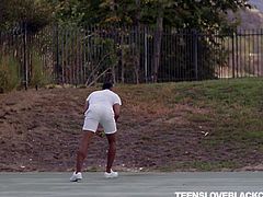 August Ames was in horny mood and the moment her trainer entered the court, she decided to seduce him. During practice, she willingly rubbed her ass against his crotch, showed deep cleavage and when he approached her, she sensually kissed him, and offered blowjob in the tennis court itself.