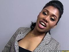 Yasmine gets dirty by getting on her knees and sucking and jerking each white cock put ion her face. Then she gets bent over and fucked. The end result is a downpour of white jizz all over beautiful black face.