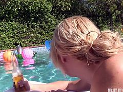 Four cute girls are having fun while swimming, drinking and laughing. They are all naked and horny, and start to lick each other's pussy. Click and watch the whole sex party of four hot wet hotties, having a nice orgy...