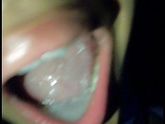 GF squeezes ball to get cum in mouth