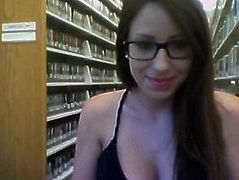 sweet chick with glasses mastrubte in library