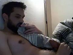 Muscular tired guy cumming