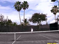 After loosing the game on the tennis court, Brad won the milf in the bedroom. Seductive Jessica, with beautiful round butt, was fingered by the lucky guy. He made her go crazy and got a perfect blow job from her.