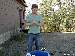 This movie is more than just sucking and fucking, with a plot and storyline. Here, Markie gets a little undressed while he is outside, being observed by Garrett. Garrett doesn't even take his hat off at first, as he starts blowing Markie!