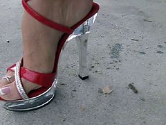 Red heels french pedi toes tease