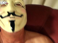 Sex-crazy young chick Foxy Love gives blowjob to one old man in mask