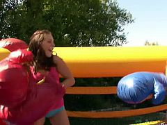 Gracie and Ally sharing the stiffest cock on the playground