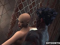 Totally bald 3D cartoon sex kitten getting her wet pussy fucked hard outdoors by a monster
