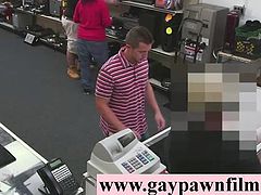 Straight dude in office for gay sex for cash in pawn shop threesome