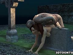 Beautiful big breasted 3D cartoon hottie getting fucked hard in a graveyard by a horny zombie