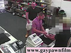 Straight strips for gays with cash on camera in pawn shop office threesome