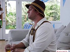 Everybody is welcome on our Bavarian party! This guy has two lovelies on a comfy couch and they have no problem sharing his cock. They ride and suck him, tasting each other's juices on his thick bratwurst.
