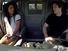 Brick Danger became horny after seeing Gina Valentina in t-shirt and shorts. After she entered his car, he tied her hands and pushed the already rock hard dick into her mouth. After face fucking her for more than ten minutes, he caressed her soft body and fucked hard.