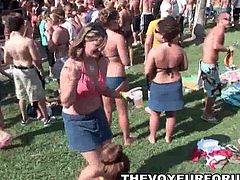 Jaw dropping group of wild amateur college babes flashing off their amazing tits on the beach during spring break