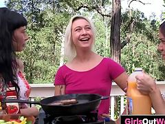Three Aussie lesbian babes, hairy Steel, trimmed Cali and shaved Natalie, enjoy barbecue before wild lesbian pussy-licking and finger-fucking