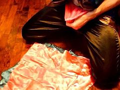 satin crossdresser cums all over satin dresses