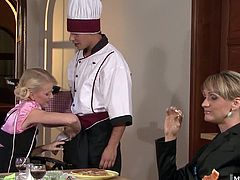 who really knows how to heat things up. The girlfriends watch each other pee while the chef pounds their mature pussies in the kitchen.