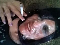 Crossdresser Smoking Self-Facial after Bukkake