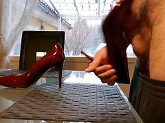 Cum in red stiletto high heel