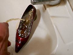 Piss in wifes red patent high heel