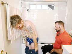 Timothy has caused some confusion in Jaxton's mind as well as his loins. The big man can see himself in the bathroom with the smaller, tattooed man. He can easily visualize bathing his buddy and getting his cock gulped down by him.