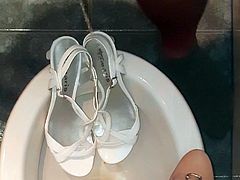 Pissing and cumming wife's white wedding sandals (barefoot)